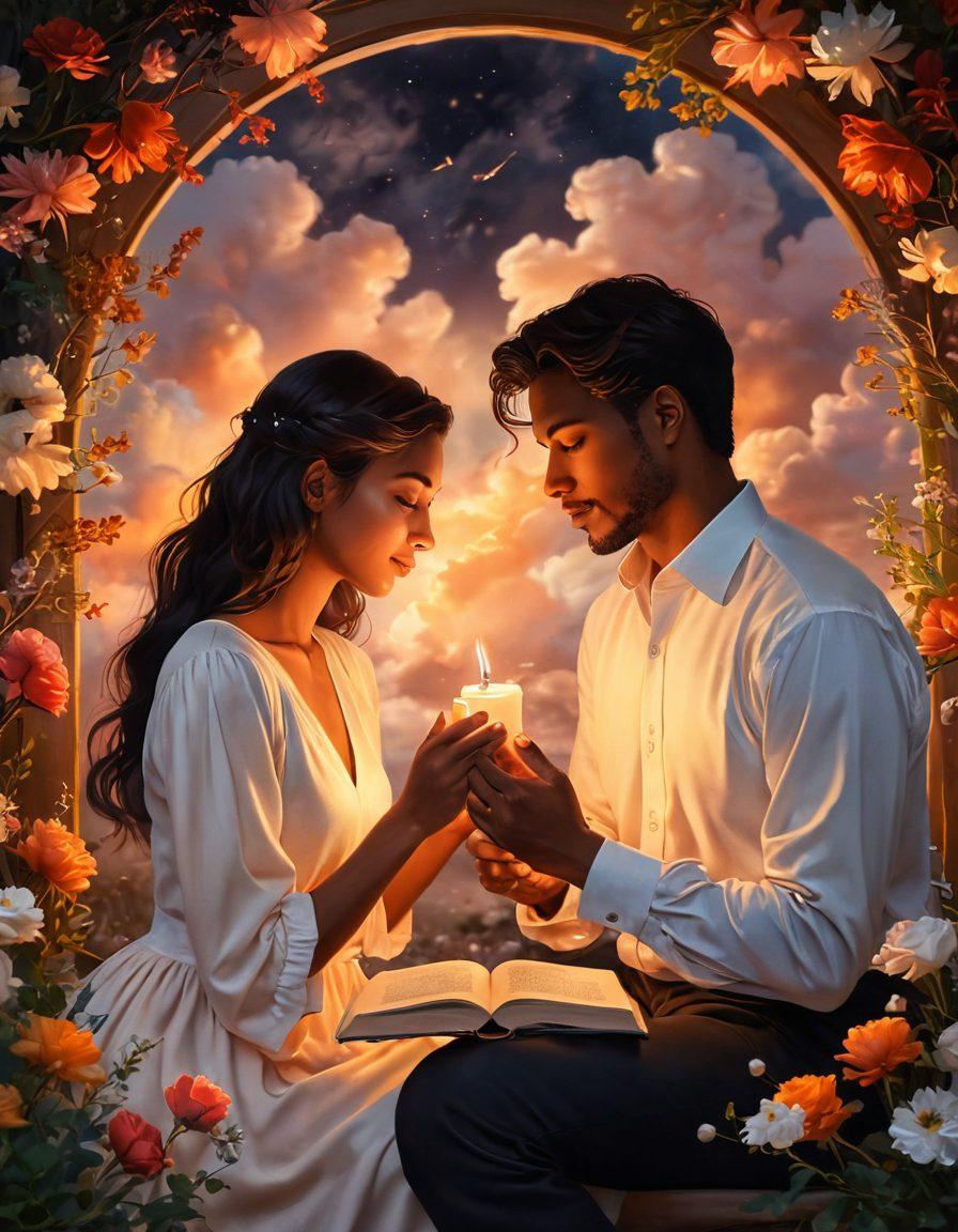 A romantic scene depicting a couple engaged in an intimate conversation, surrounded by soft candlelight and blooming flowers, symbolizing emotional connection. Elements like intertwined hands or a shared book can represent togetherness, while a whimsical background of dreamy clouds and warm colors enhances the mood. digital painting. soft focus. warm tones.